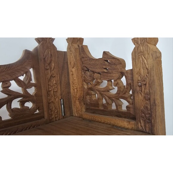 Vintage 16” Hand Carved Wood Folding Corner Display Shelf 2 Tier Owl India - Picture 3 of 16